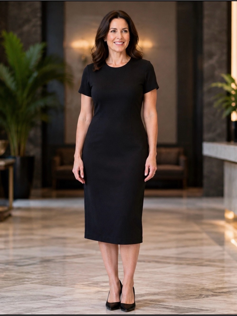 St. John Black Knit Short Sleeve Midi Sheath Dress Est. Size 10